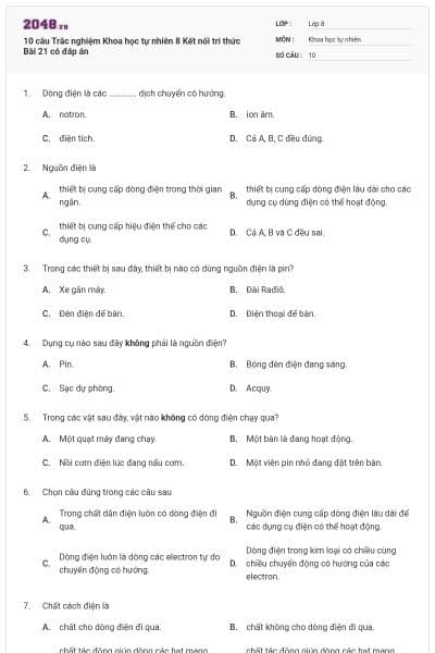 10 câu Trắc nghiệm Khoa học tự nhiên 8 Kết nối tri thức Bài 21 có đáp án