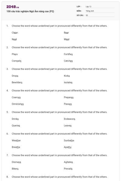 100 câu trắc nghiệm Ngữ Âm nâng cao (P2)