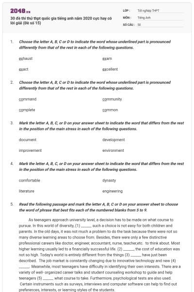 30 đề thi thử thpt quốc gia tiếng anh năm 2020 cực hay có lời giải (Đề số 15)