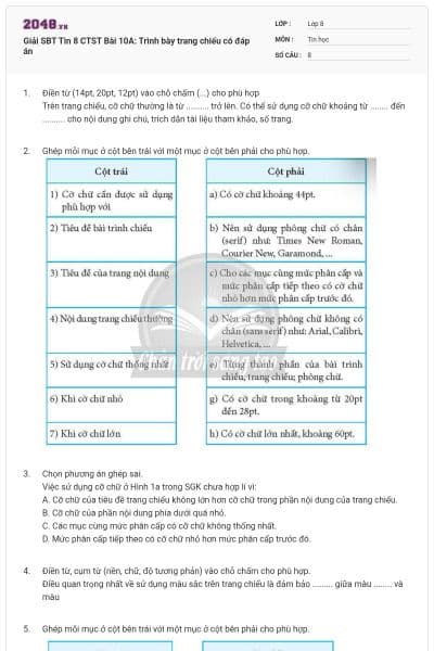 Giải SBT Tin 8 CTST Bài 10A: Trình bày trang chiếu có đáp án