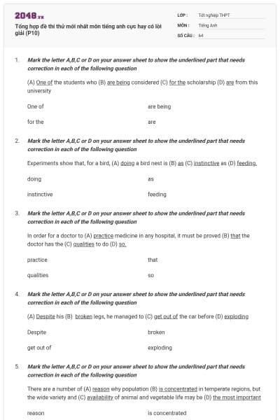 Tổng hợp đề thi thử mới nhất môn tiếng anh cực hay có lời giải (P10)