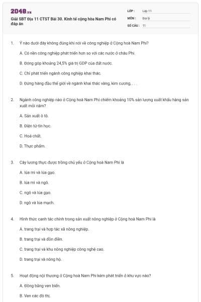 Giải SBT Địa 11 CTST Bài 30. Kinh tế cộng hòa Nam Phi có đáp án