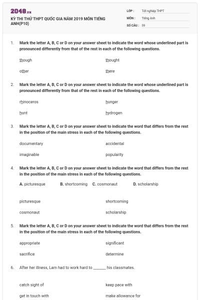 KỲ THI THỬ THPT QUỐC GIA NĂM 2019 MÔN TIẾNG ANH(P10)