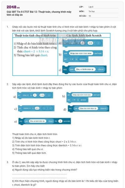 Giải SBT Tin 8 CTST Bài 12: Thuật toán, chương trình máy tính có đáp án
