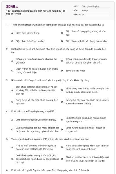 100+ câu trắc nghiệm Quản lý dịch hại tổng hợp (IPM) có đáp án - Phần 1