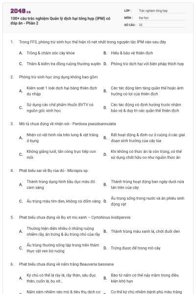 100+ câu trắc nghiệm Quản lý dịch hại tổng hợp (IPM) có đáp án - Phần 2