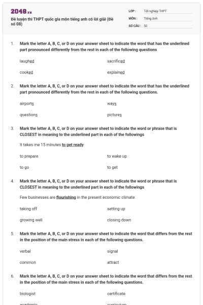Đề luyện thi THPT quốc gia môn tiếng anh có lời giải (Đề số 08)