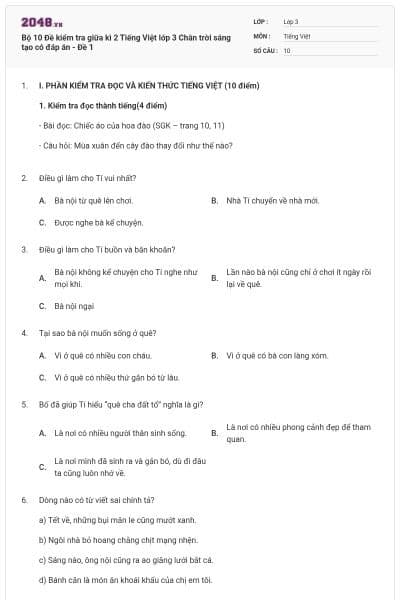 Bộ 10 Đề kiểm tra giữa kì 2 Tiếng Việt lớp 3 Chân trời sáng tạo có đáp án - Đề 1