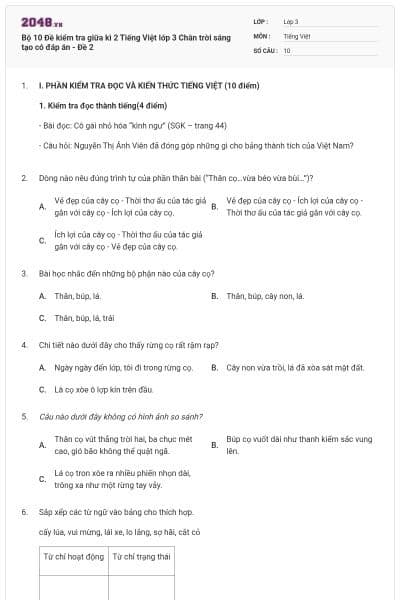 Bộ 10 Đề kiểm tra giữa kì 2 Tiếng Việt lớp 3 Chân trời sáng tạo có đáp án - Đề 2