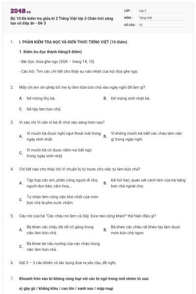 Bộ 10 Đề kiểm tra giữa kì 2 Tiếng Việt lớp 3 Chân trời sáng tạo có đáp án - Đề 3