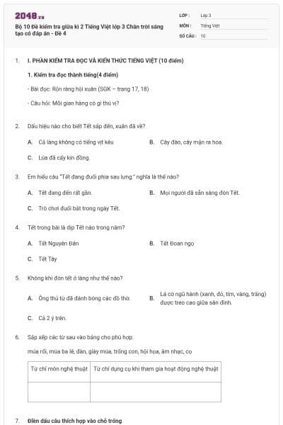 Bộ 10 Đề kiểm tra giữa kì 2 Tiếng Việt lớp 3 Chân trời sáng tạo có đáp án - Đề 4
