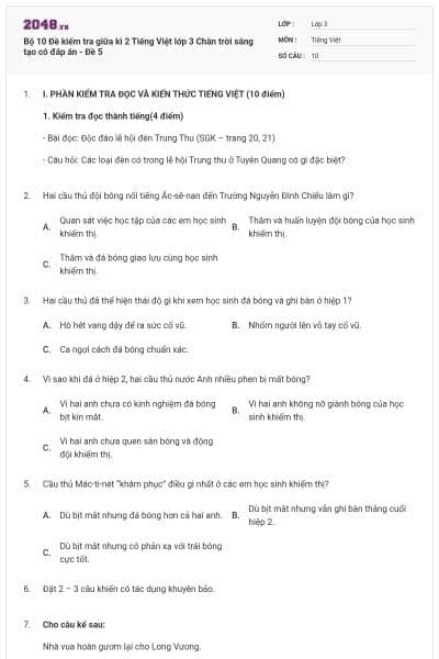 Bộ 10 Đề kiểm tra giữa kì 2 Tiếng Việt lớp 3 Chân trời sáng tạo có đáp án - Đề 5