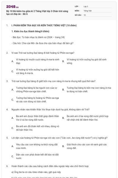 Bộ 10 Đề kiểm tra giữa kì 2 Tiếng Việt lớp 3 Chân trời sáng tạo có đáp án - Đề 6