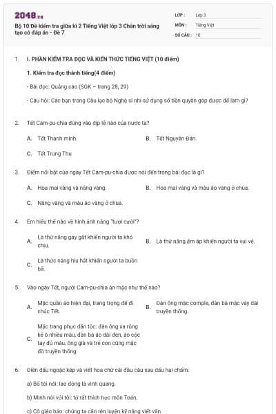 Bộ 10 Đề kiểm tra giữa kì 2 Tiếng Việt lớp 3 Chân trời sáng tạo có đáp án - Đề 7