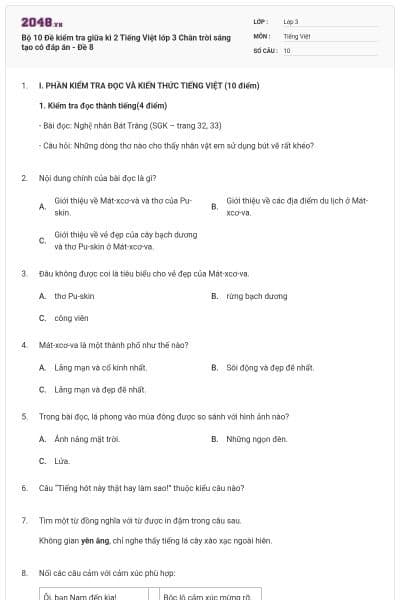 Bộ 10 Đề kiểm tra giữa kì 2 Tiếng Việt lớp 3 Chân trời sáng tạo có đáp án - Đề 8