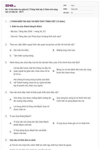 Bộ 10 Đề kiểm tra giữa kì 2 Tiếng Việt lớp 3 Chân trời sáng tạo có đáp án - Đề 9