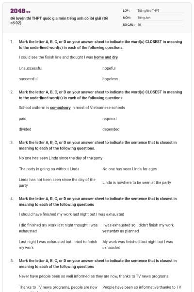 Đề luyện thi THPT quốc gia môn tiếng anh có lời giải (Đề số 02)