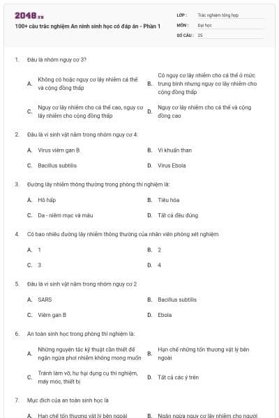 100+ câu trắc nghiệm An ninh sinh học có đáp án - Phần 1