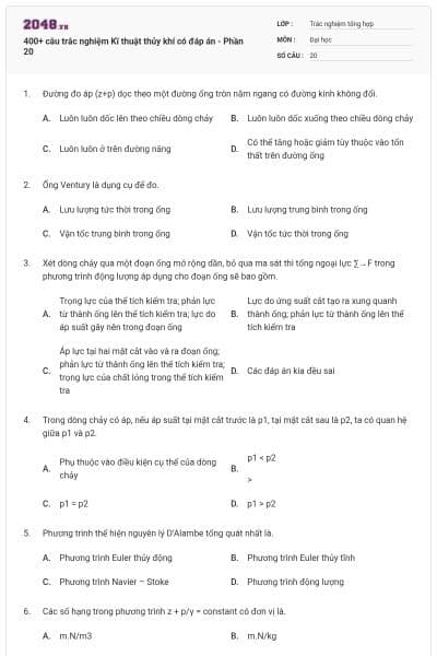 400+ câu trắc nghiệm Kĩ thuật thủy khí có đáp án - Phần 20