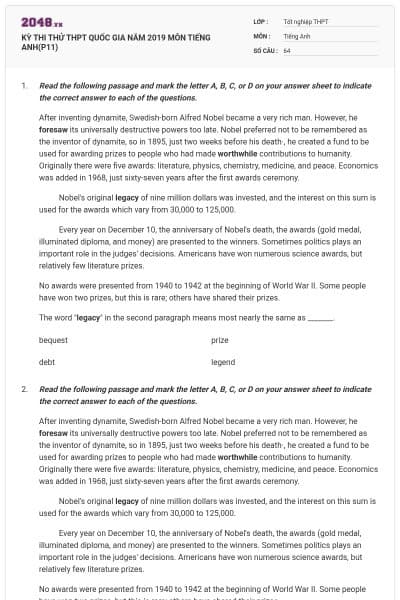 KỲ THI THỬ THPT QUỐC GIA NĂM 2019 MÔN TIẾNG ANH(P11)