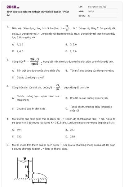 400+ câu trắc nghiệm Kĩ thuật thủy khí có đáp án - Phần 22