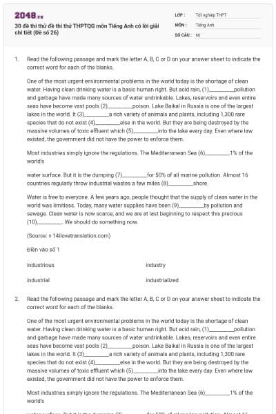 30 đề thi thử đề thi thử THPTQG môn Tiếng Anh có lời giải chi tiết (Đề số 26)