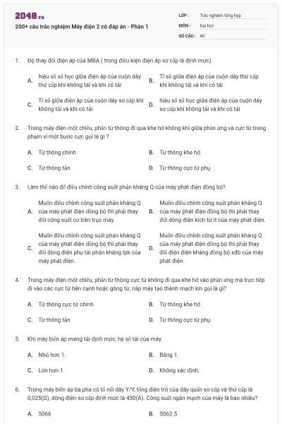 200+ câu trắc nghiệm Máy điện 2 có đáp án - Phần 1