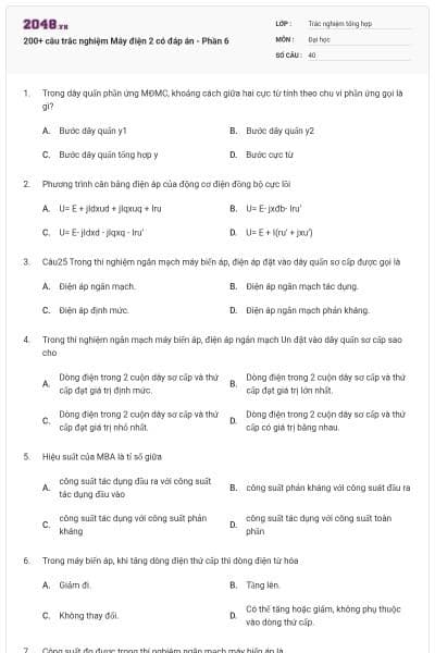 200+ câu trắc nghiệm Máy điện 2 có đáp án - Phần 6