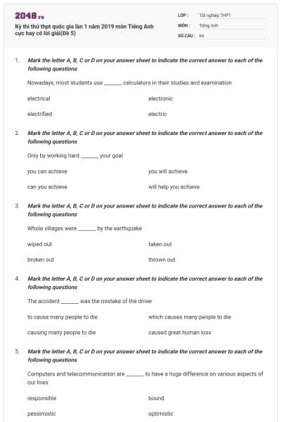 Kỳ thi thử thpt quốc gia lần 1 năm 2019 môn Tiếng Anh cực hay có lời giải(Đề 5)