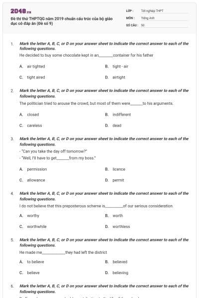 Đề thi thử THPTQG năm 2019 chuẩn cấu trúc của bộ giáo dục có đáp án (Đề số 9)