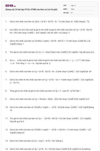 (Đúng sai) 24 bài tập GTLN, GTNN của hàm số (có lời giải)