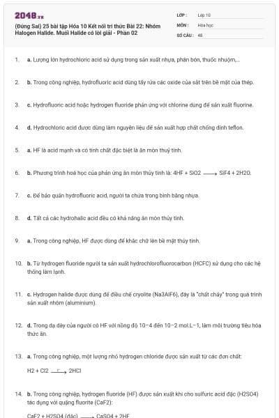(Đúng Sai) 25 bài tập Hóa 10 Kết nối tri thức Bài 22: Nhóm Halogen Halide. Muối Halide có lời giải - Phần 02