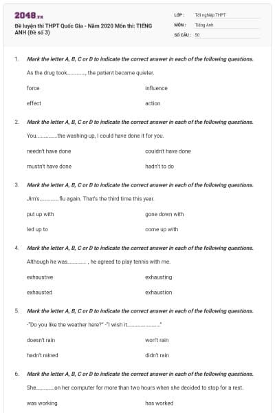 Đề luyện thi THPT Quốc Gia - Năm 2020 Môn thi: TIẾNG ANH (Đề số 3)