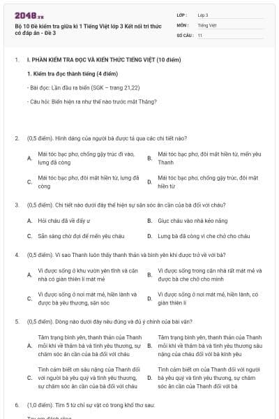 Bộ 10 Đề kiểm tra giữa kì 1 Tiếng Việt lớp 3 Kết nối tri thức có đáp án - Đề 3