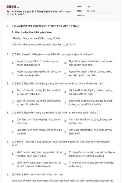 Bộ 10 Đề kiểm tra giữa kì 1 Tiếng Việt lớp 3 Kết nối tri thức có đáp án - Đề 5
