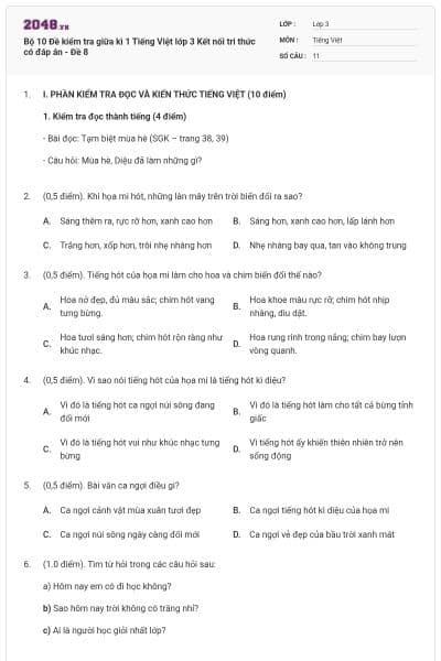 Bộ 10 Đề kiểm tra giữa kì 1 Tiếng Việt lớp 3 Kết nối tri thức có đáp án - Đề 8