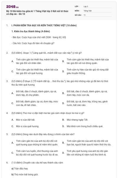 Bộ 10 Đề kiểm tra giữa kì 1 Tiếng Việt lớp 3 Kết nối tri thức có đáp án - Đề 10