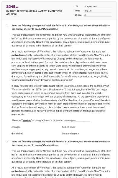 KỲ THI THỬ THPT QUỐC GIA NĂM 2019 MÔN TIẾNG ANH(P12)