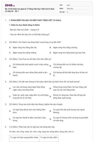 Bộ 10 Đề kiểm tra giữa kì 2 Tiếng Việt lớp 3 Kết nối tri thức có đáp án - Đề 1