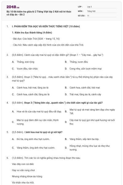 Bộ 10 Đề kiểm tra giữa kì 2 Tiếng Việt lớp 3 Kết nối tri thức có đáp án - Đề 2