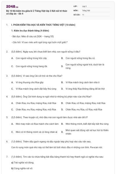 Bộ 10 Đề kiểm tra giữa kì 2 Tiếng Việt lớp 3 Kết nối tri thức có đáp án - Đề 4