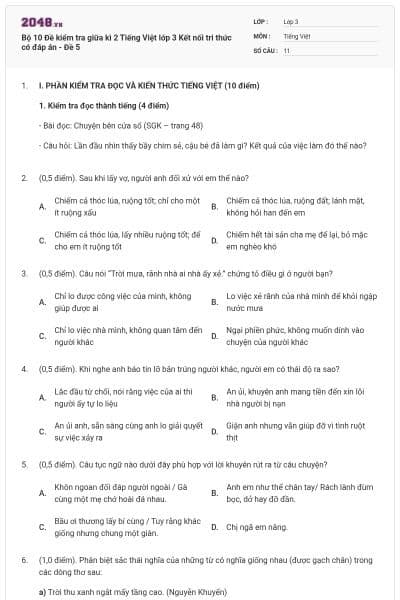 Bộ 10 Đề kiểm tra giữa kì 2 Tiếng Việt lớp 3 Kết nối tri thức có đáp án - Đề 5