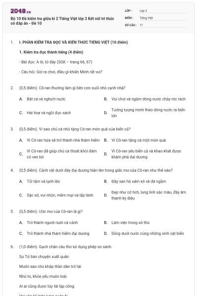 Bộ 10 Đề kiểm tra giữa kì 2 Tiếng Việt lớp 3 Kết nối tri thức có đáp án - Đề 10