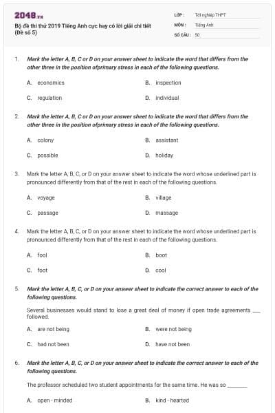 Bộ đề thi thử 2019 Tiếng Anh cực hay có lời giải chi tiết (Đề số 5)