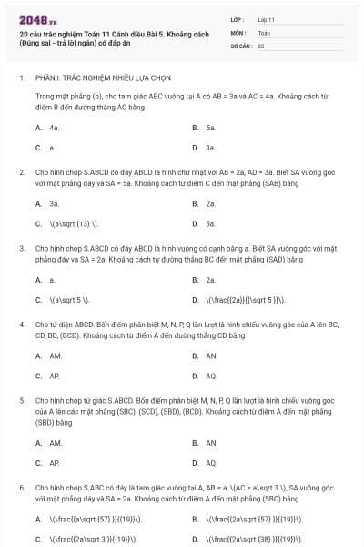 20 câu trắc nghiệm Toán 11 Cánh diều Bài 5. Khoảng cách (Đúng sai - trả lời ngắn) có đáp án