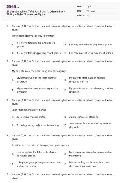 20 câu trắc nghiệm Tiếng Anh 8 Unit 1. Leisure time - Writing - Global Success có đáp án