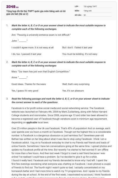 Tổng hợp đề thi thử THPT quốc gia môn tiếng anh có lời giải chi tiết (Đề số 2)