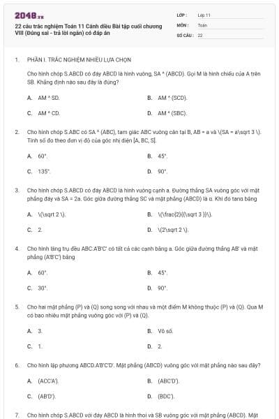 22 câu trắc nghiệm Toán 11 Cánh diều Bài tập cuối chương VIII (Đúng sai - trả lời ngắn) có đáp án