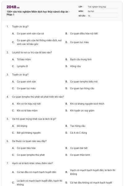 100+ câu trắc nghiệm Miễn dịch học thủy sảncó đáp án - Phần 1