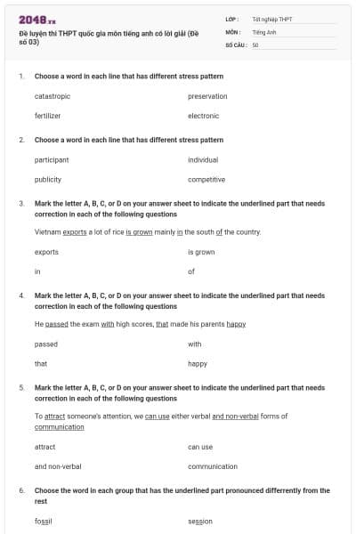 Đề luyện thi THPT quốc gia môn tiếng anh có lời giải (Đề số 03)